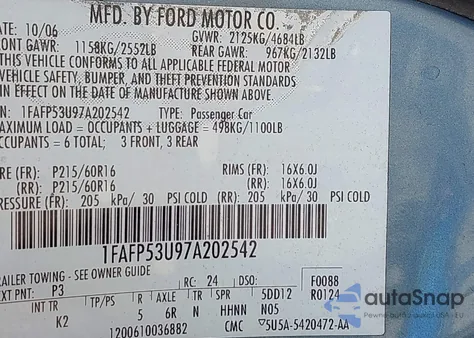 2007 Ford Taurus Se from USA, damaged, VIN 1FAFP53U97A202542